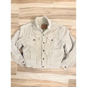 80s Vintage Levis Sherpa Lined Corduroy Trucker Jacket Beige Tan Mens Large